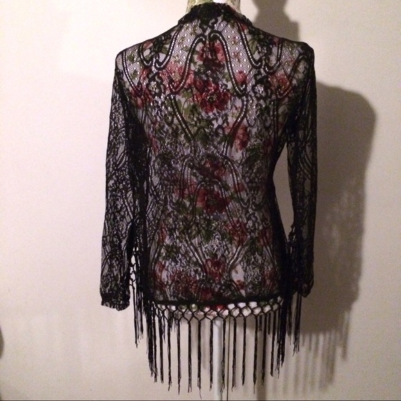 Black Sheer Floral Boho Cardigan Coverup Fringe - Picture 8 of 8