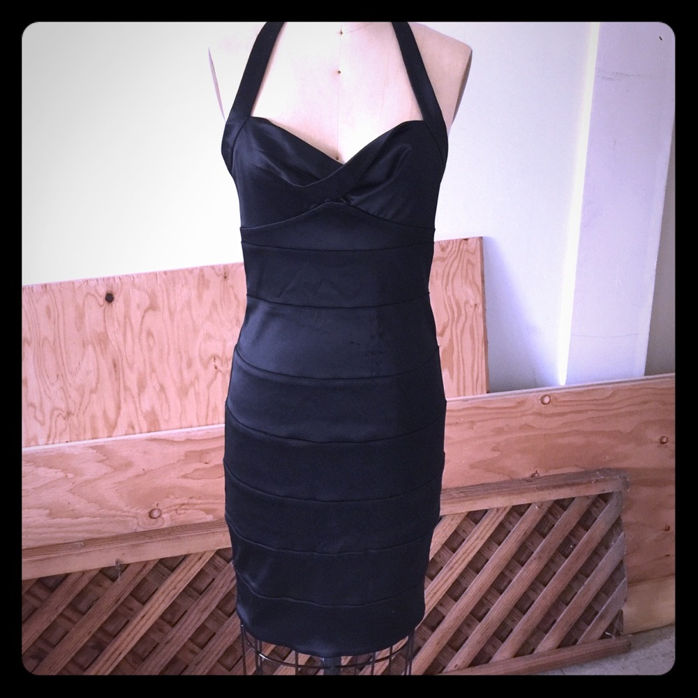 Bebe Black Halter Satin Bandage Dress