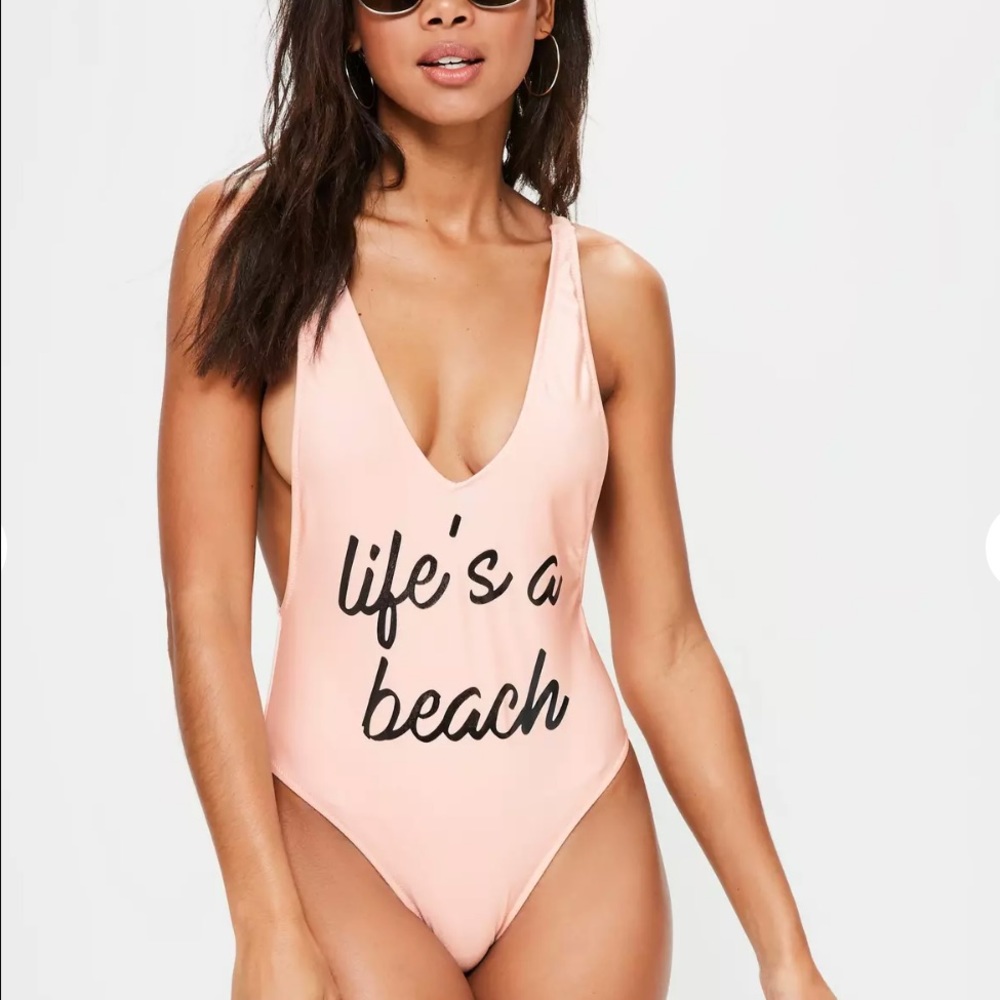 Missguided nude slogan plunge swimsuit, size 4!