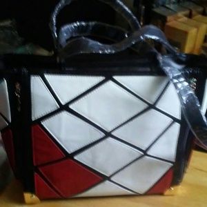 Midnight Velvet Handbag. Black/White/Red