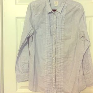 Blue and white stripped ruffle button down