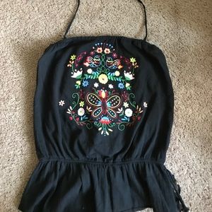 Black embroidered halter top