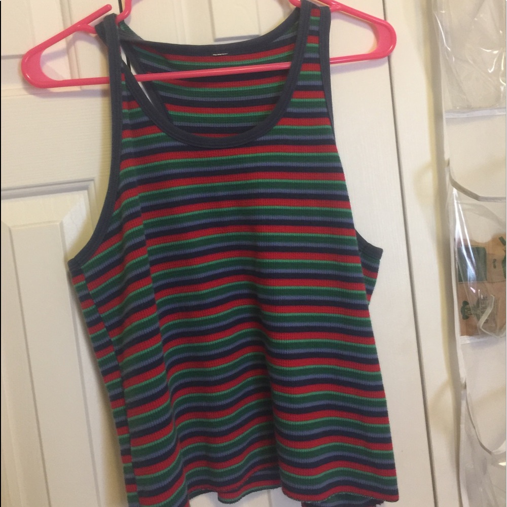 Striped red, green, and blue shirt
