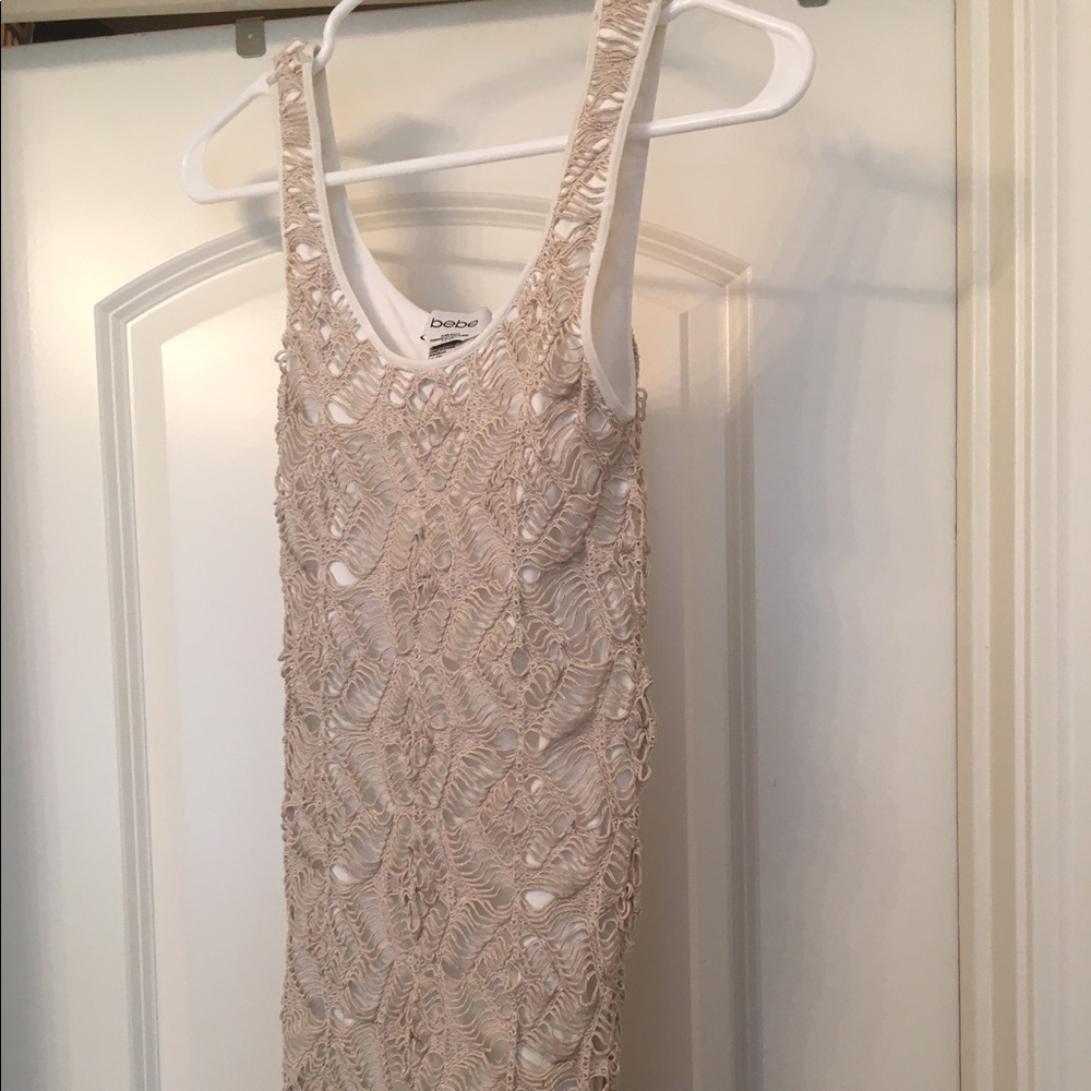 Bebe white metallic thread lace body con dress