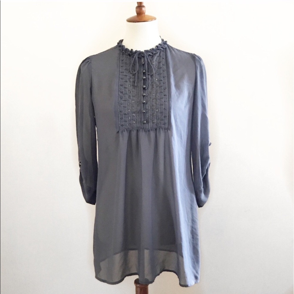 Sheer Gray Tunic Blouse with Bib Front