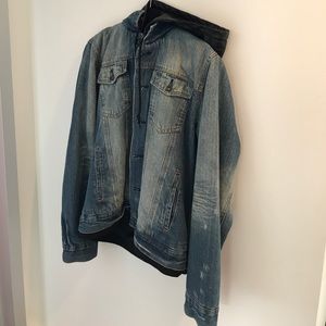 Jean jacket with leather hood