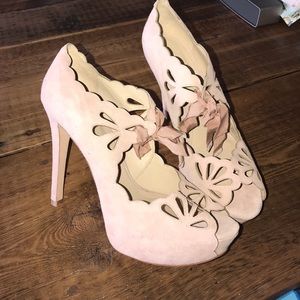 Blush pink Suede Joan & David ribbon tie pumps