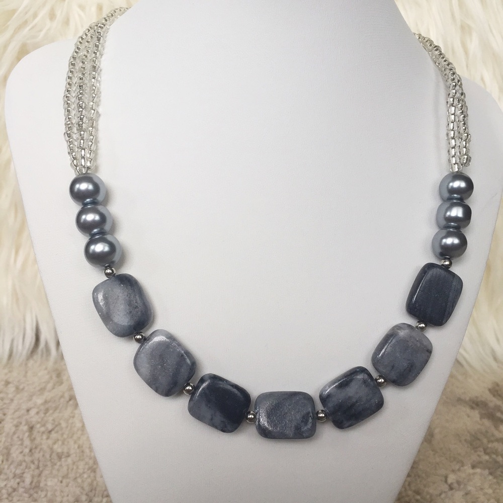 Handmade gemstone and glass bead grey necklace