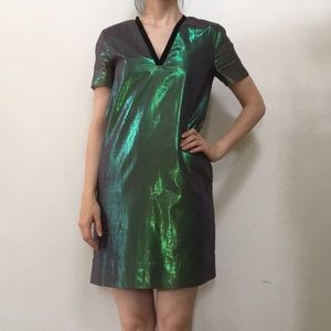 COS Green metallic V neck t shirt dress size 4