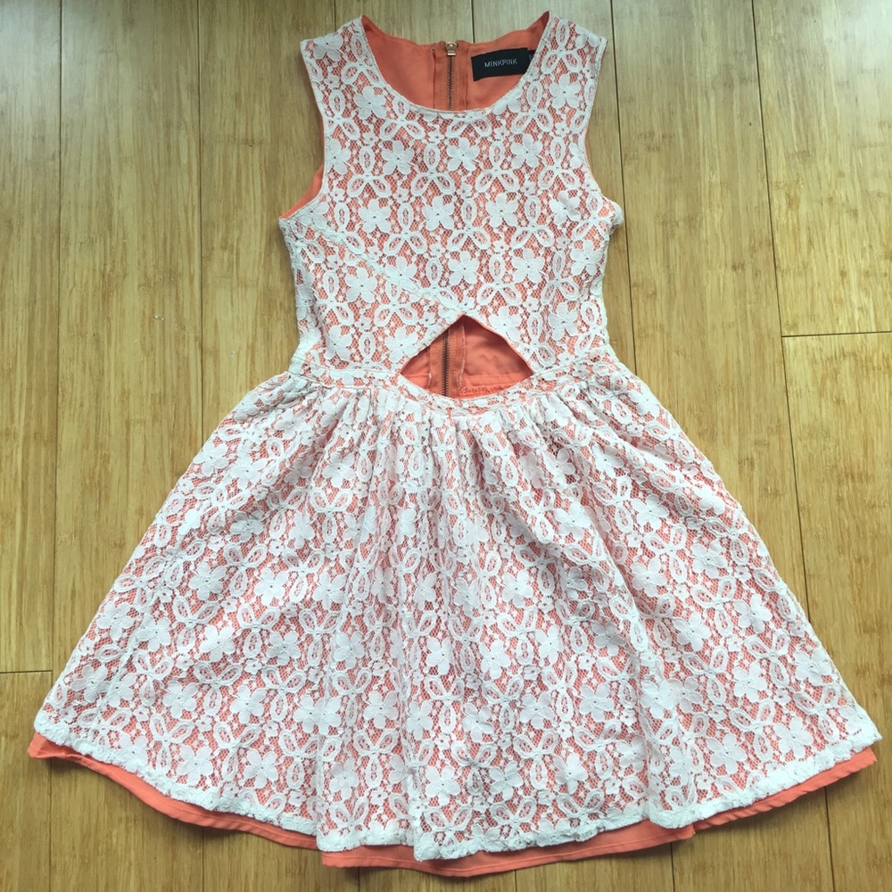 MINKPINK Orange Dress with Cut Out & Lace Overlay