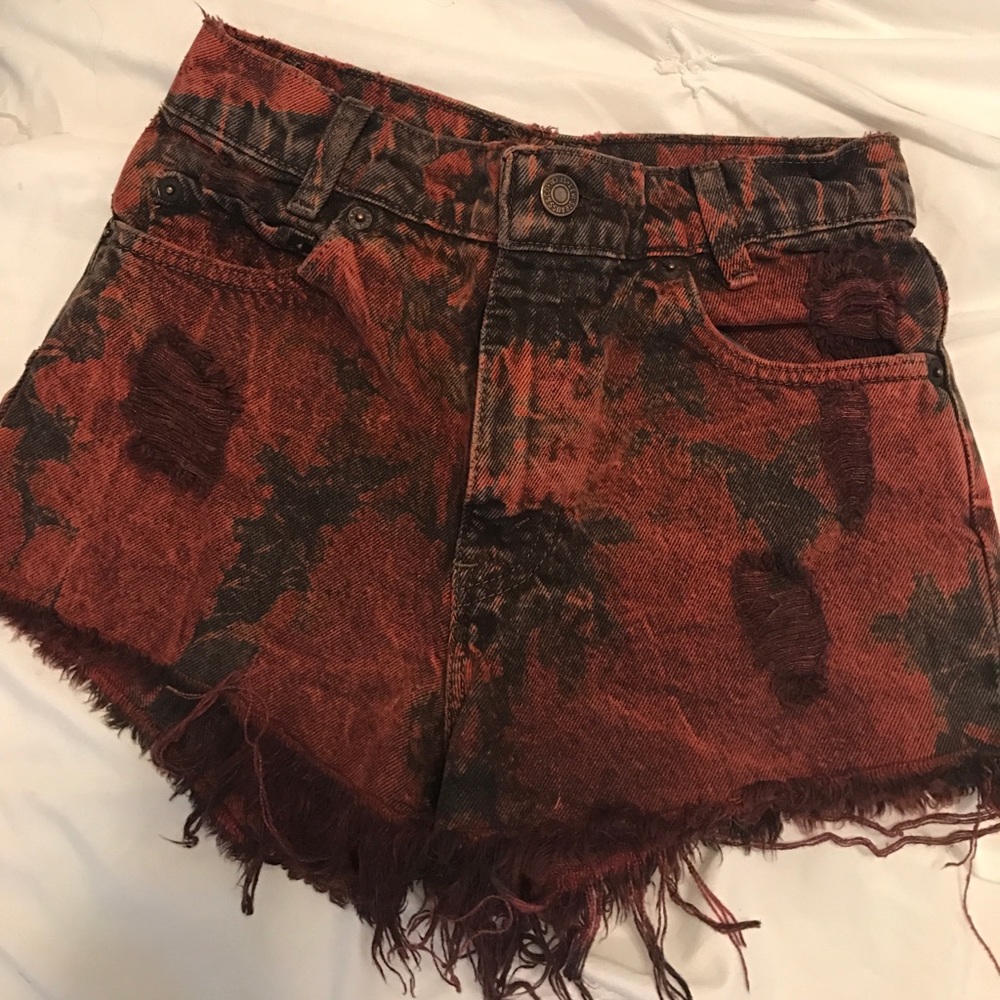 high waisted denim shorts (red and black tye dye)