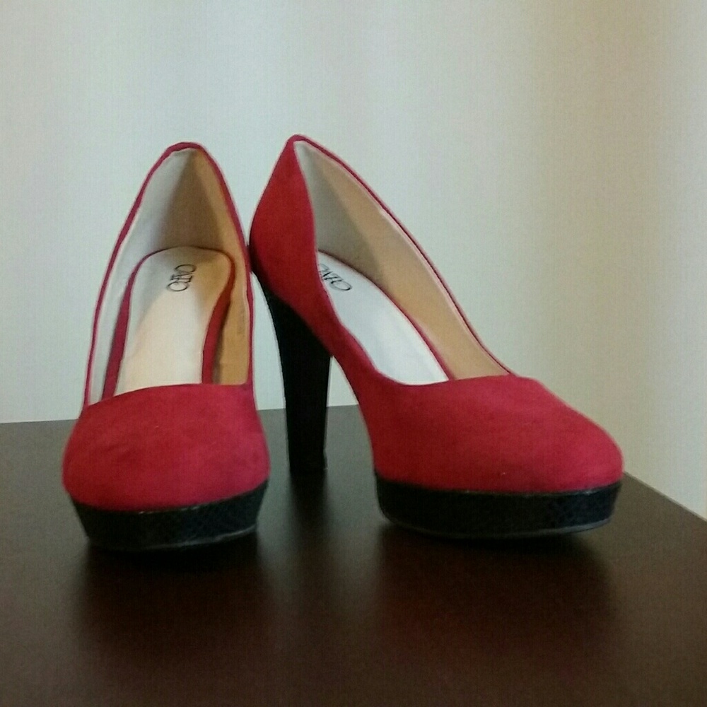 Red Suede Shoes with Black Heel