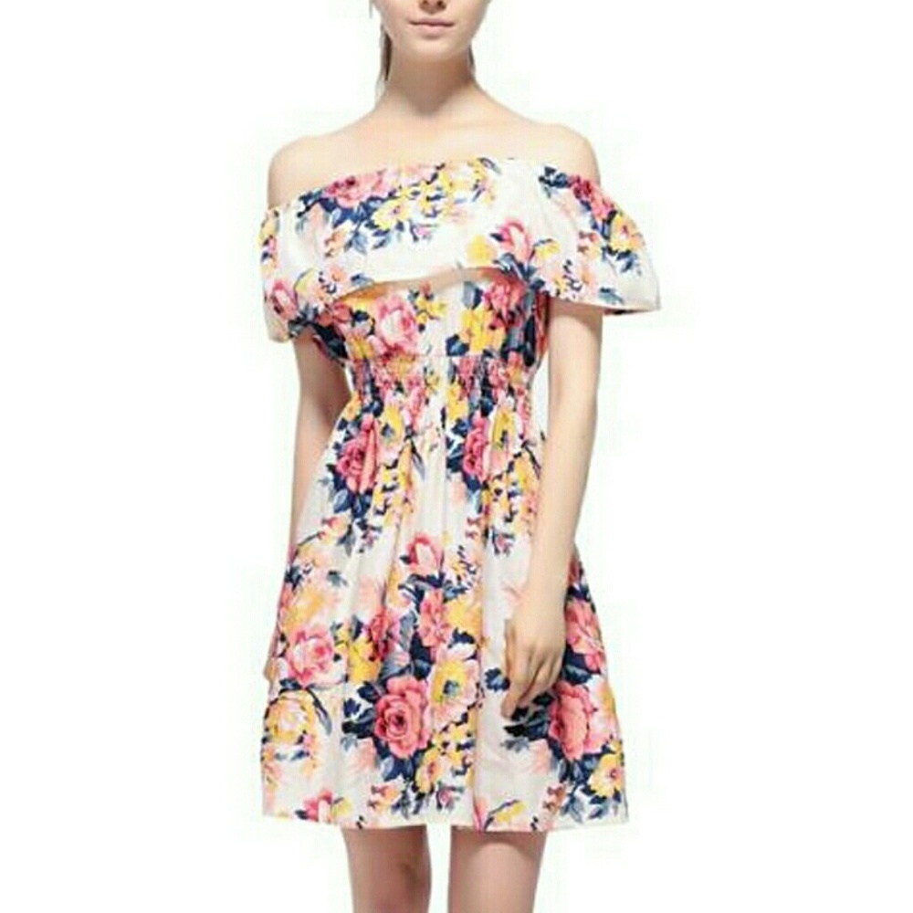 Off Shoulder Floral Print Dress NWOT Many Sizes - Picture 1 of 7