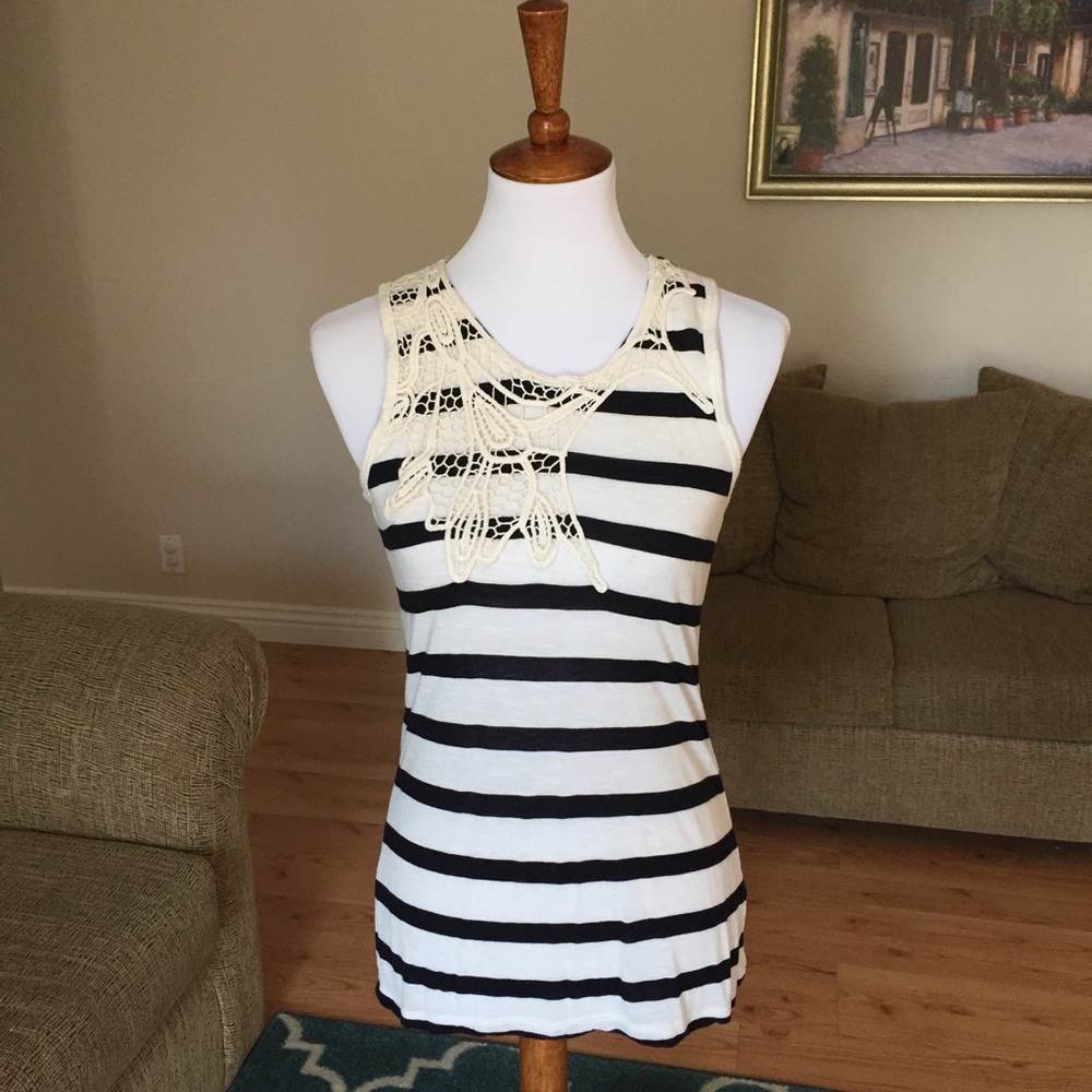 Cream and black striped tank top with embroidery