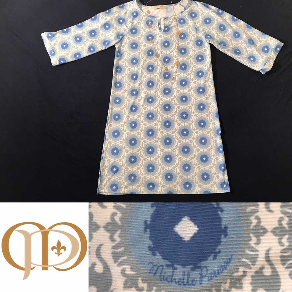 Michelle Parisou Bell-Sleeve Blue Tunic Dress