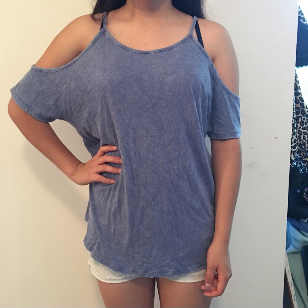 Blue Shirt w/ cut off shoulders