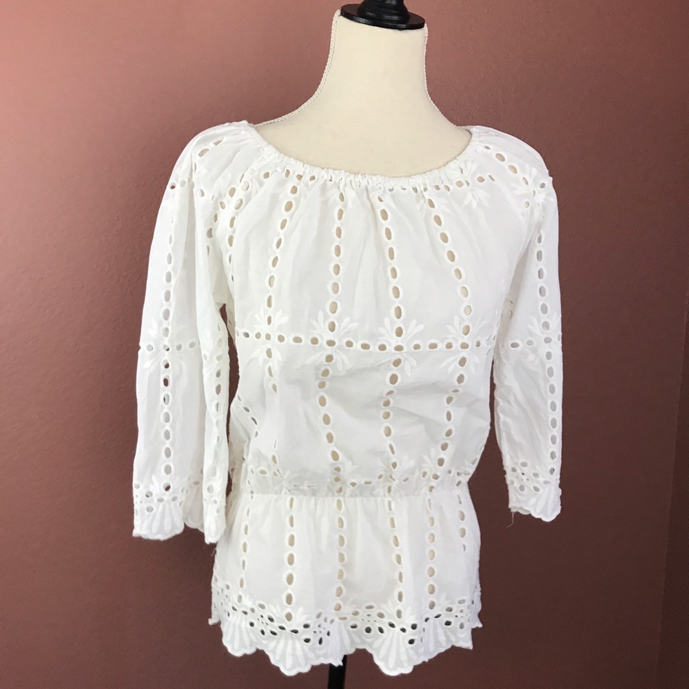 Rachel Rose White Eyelet 3/4 Sleeve Top Sz Sm