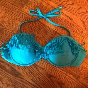 Bright blue push up swimsuit top with fringe