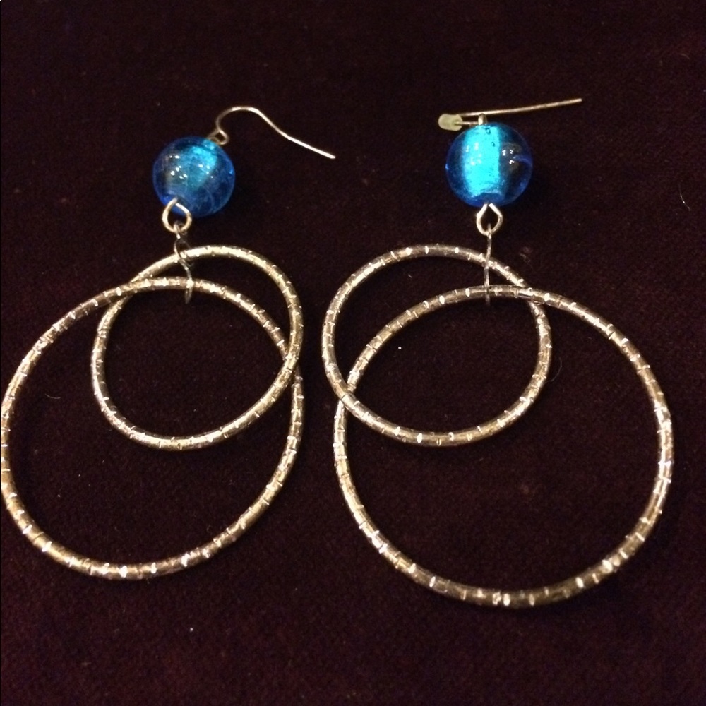 Blue Double Hoop Drop Earrings
