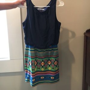 Navy and patterned dress