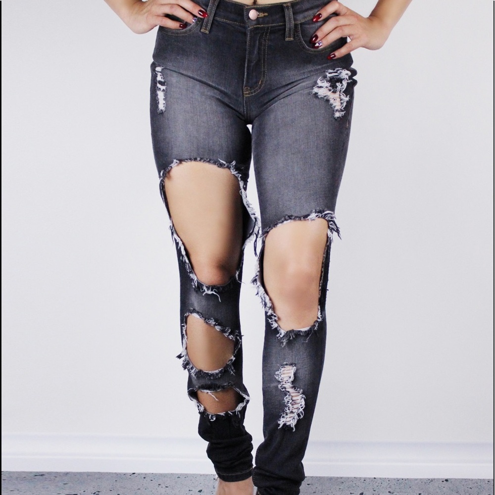 Super Stretchy Distressed dark gray jeans