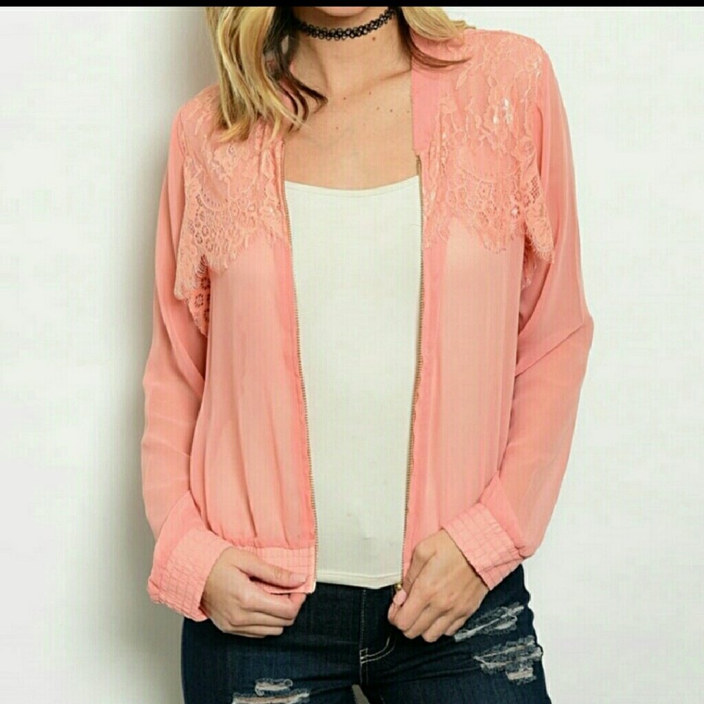 2 LEFT Light Coral Lace Chiffon Bomber Jacket