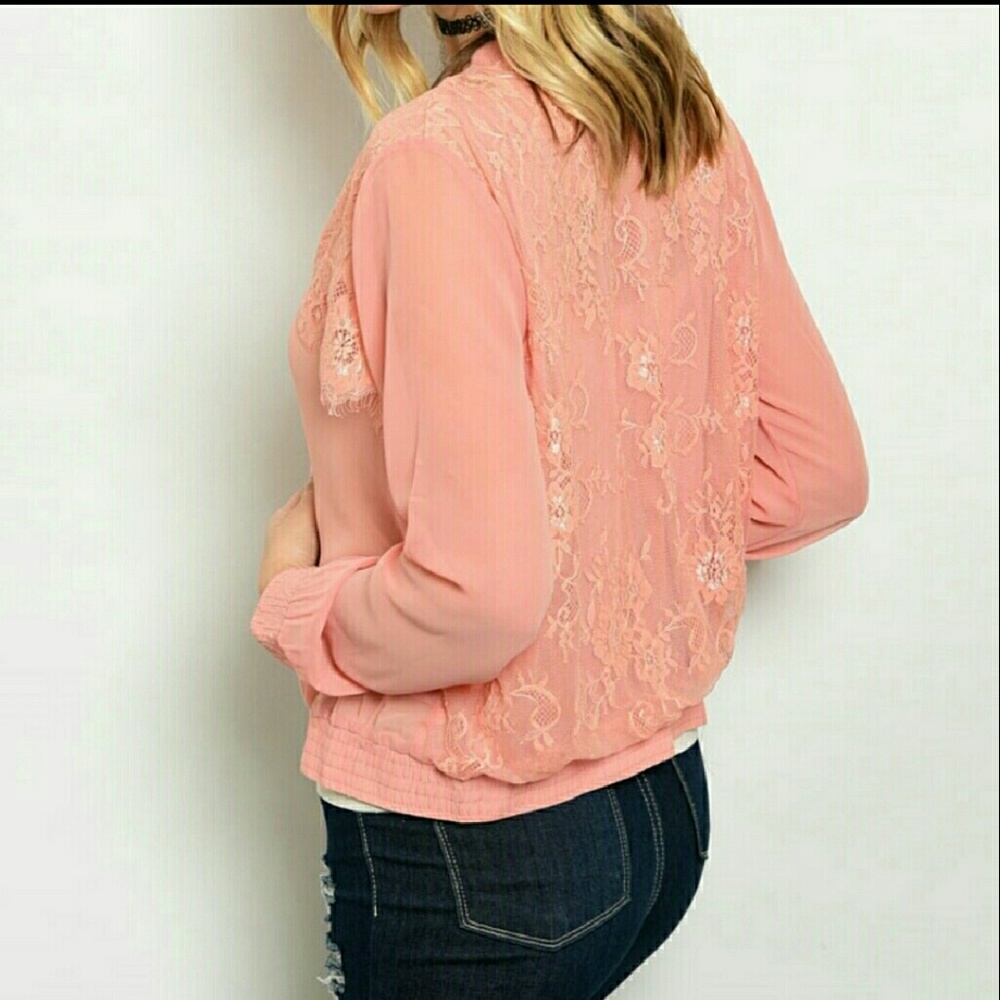 2 LEFT Light Coral Lace Chiffon Bomber Jacket - Picture 2 of 2