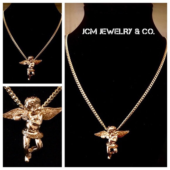 14K Gold Small Praying Angel Pendant - Model PT2631  14K Gold Plated Micro Praying Angel w/ Thin Cuban