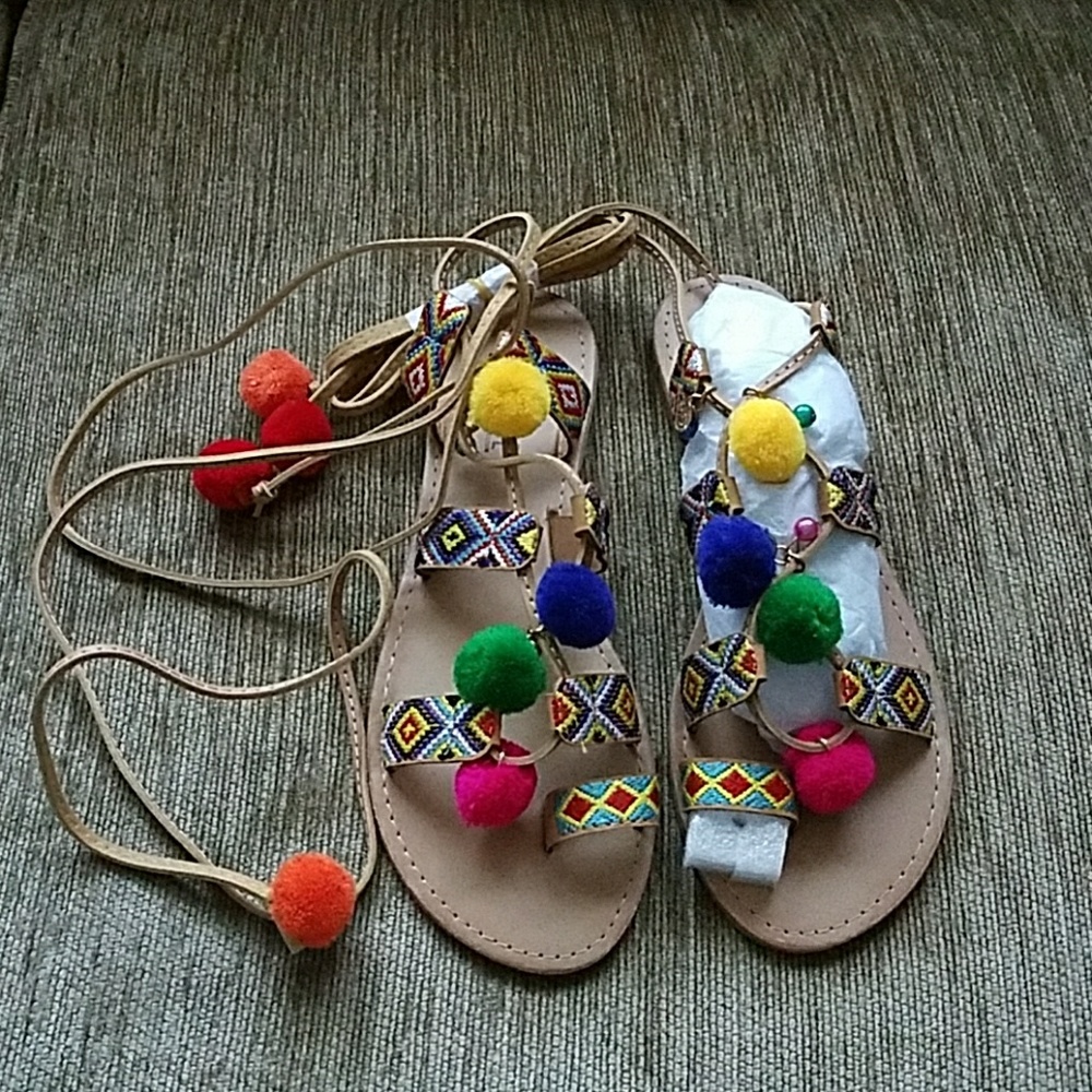 Multi Lace Up Pom Sandal, Size 9