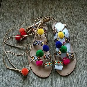 Multi Lace Up Pom Sandal, Size 9