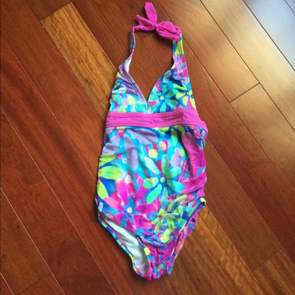One piece halter swim suit.
