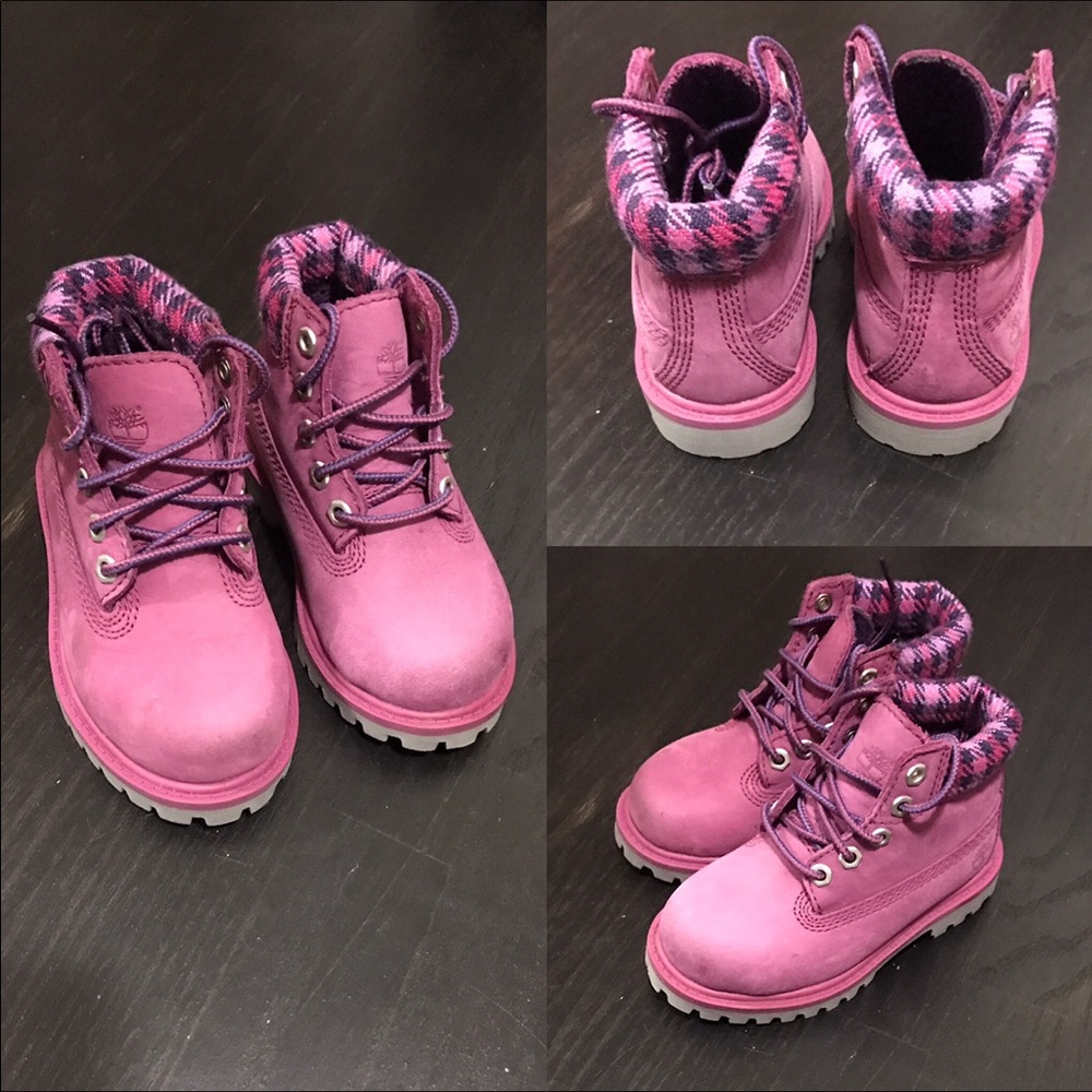 Brand new raspberry/plaid Timberland boots