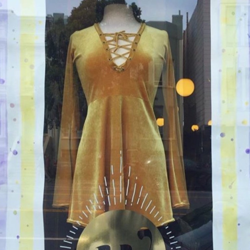 Yellow velvet bell sleeve dress