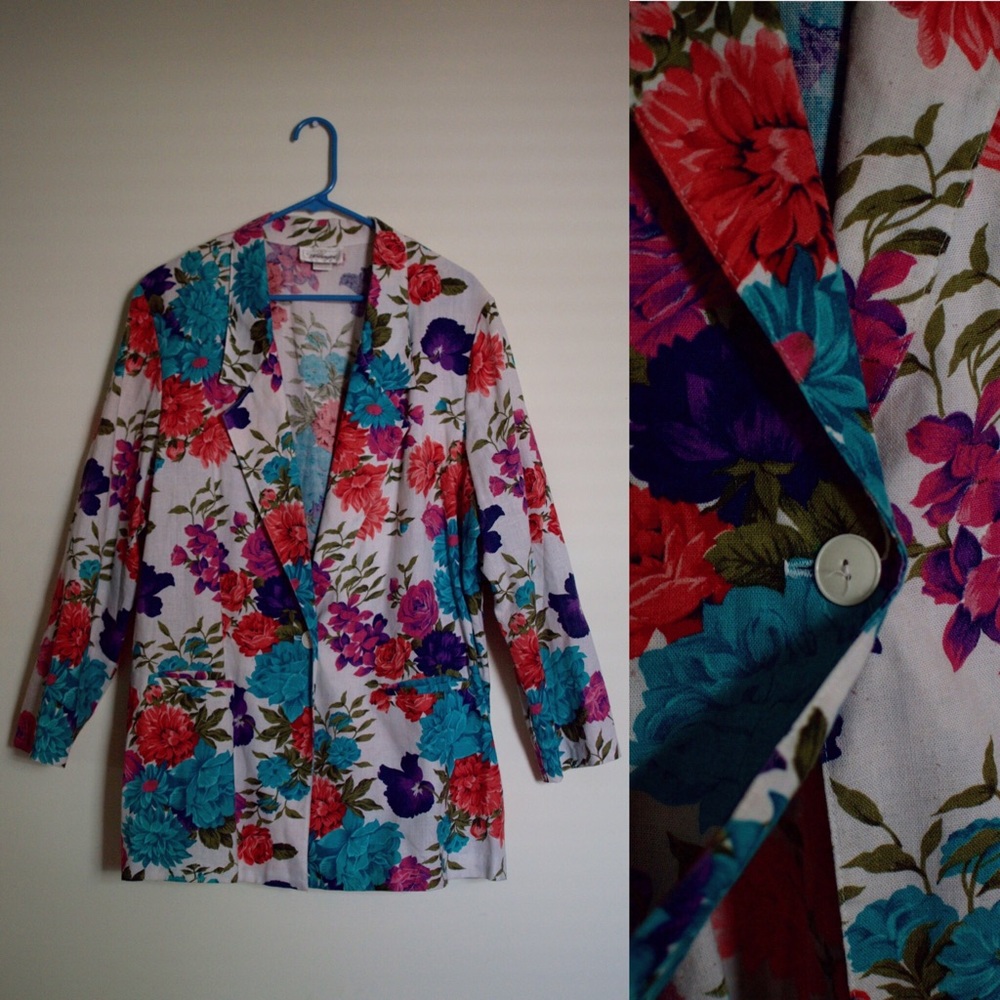 White Oversized Floral Print Blazer