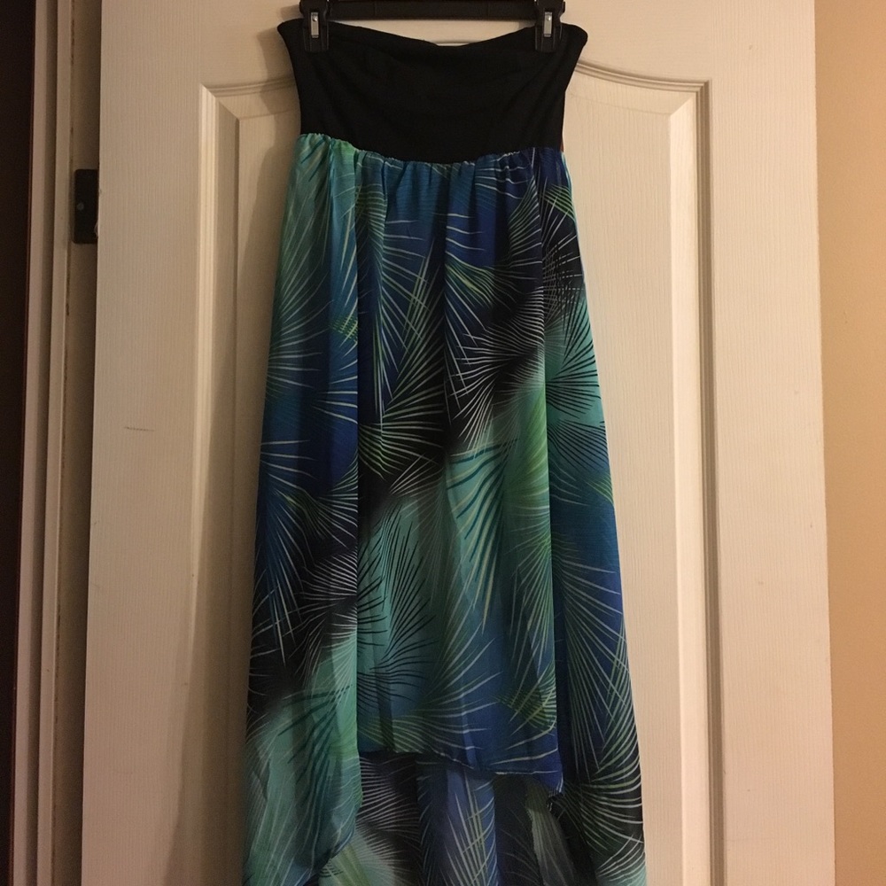 Black strapless hi-low dress.