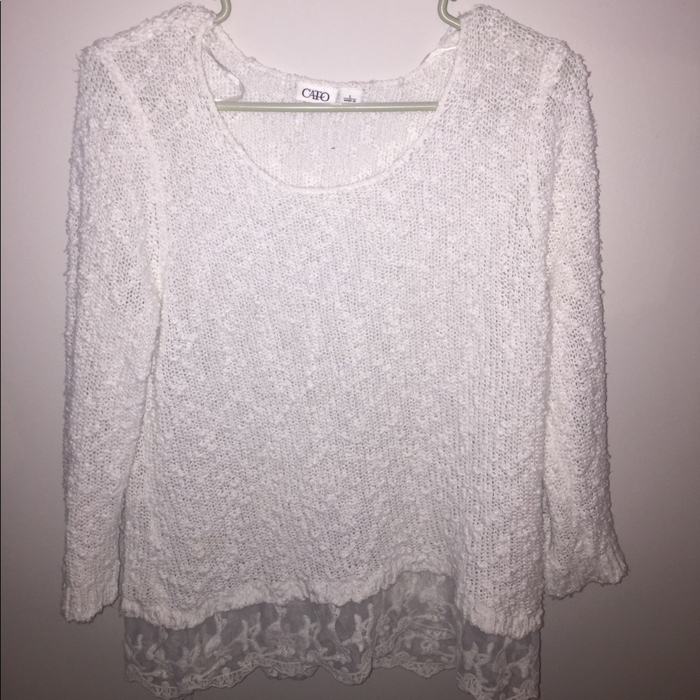 White sweater, with lace on bottom