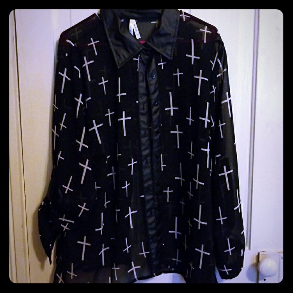Sheer cross button down top