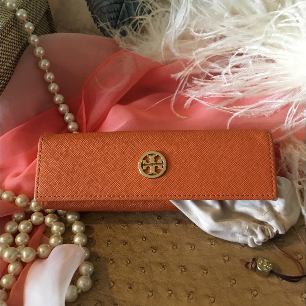 Tory Burch eyeglass case orange saffiano leather