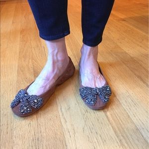 Tory Burch Eddie Leather Rhinestone Bow Flats