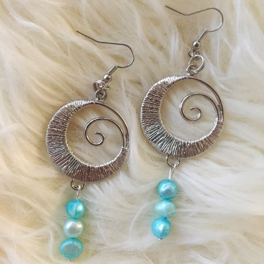 Turquoise Pearl dangle silver earrings