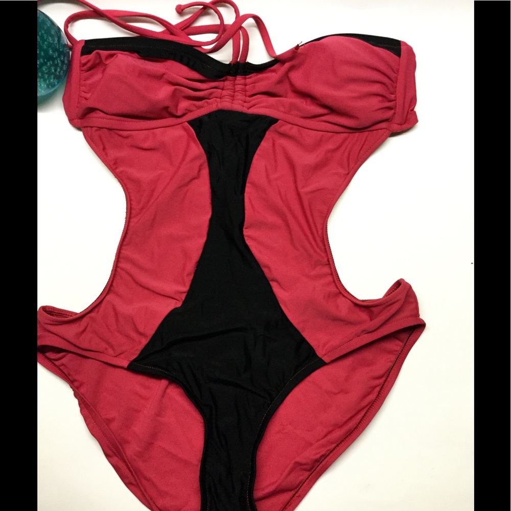 VM Swimwear Monokini One Piece Halter Red & Black