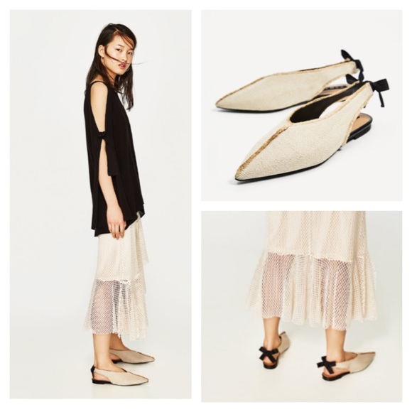 Zara Shoes - EUC Zara Frayed Fabric Ballerinas with Bow