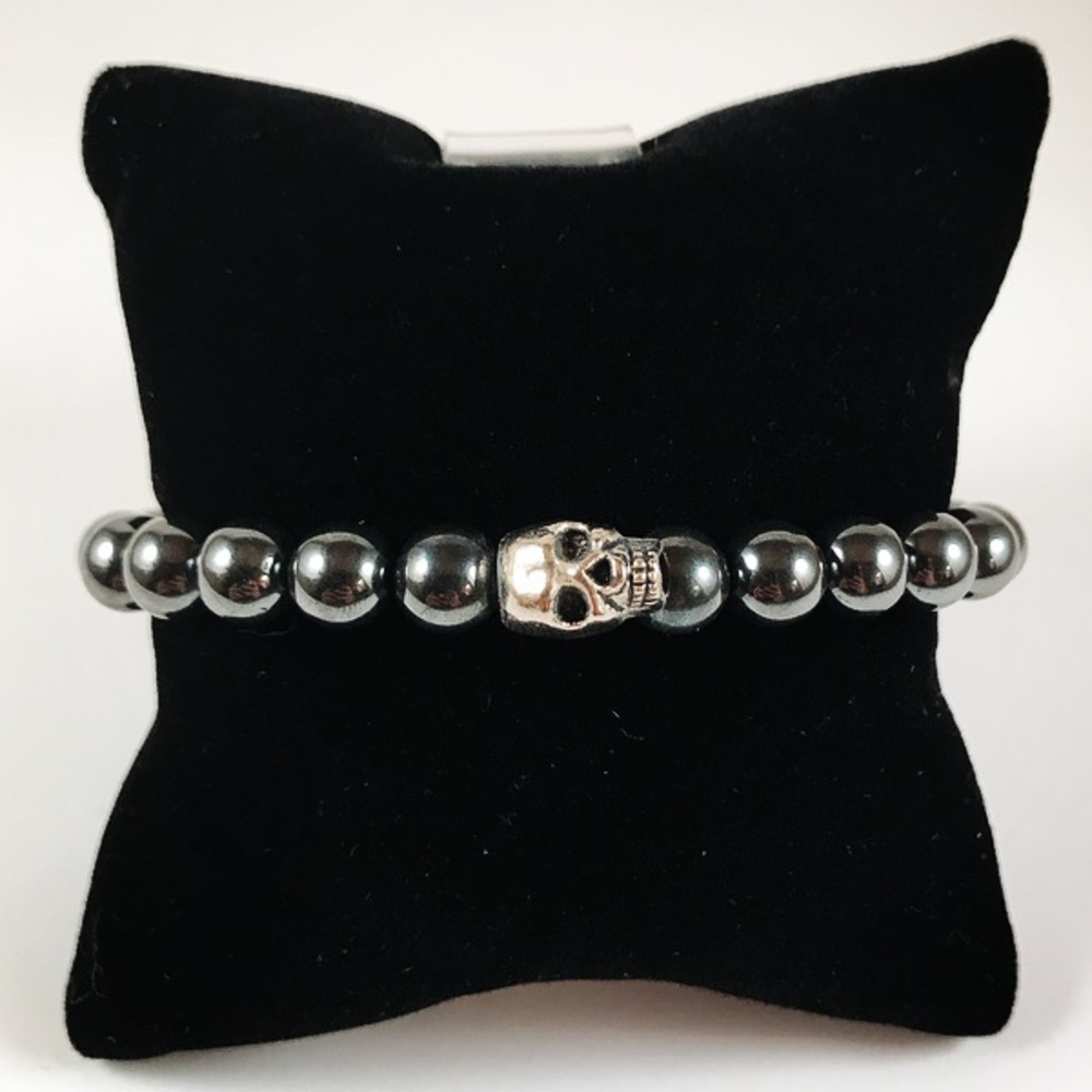 Men or women hematite gemstone skull bead bracelet