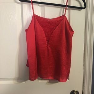 Red Silk Top with Lace Insert