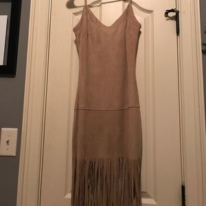 Suede light brown dress with fringe at the bottom