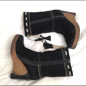 Suede Wedge Boots With Tassels