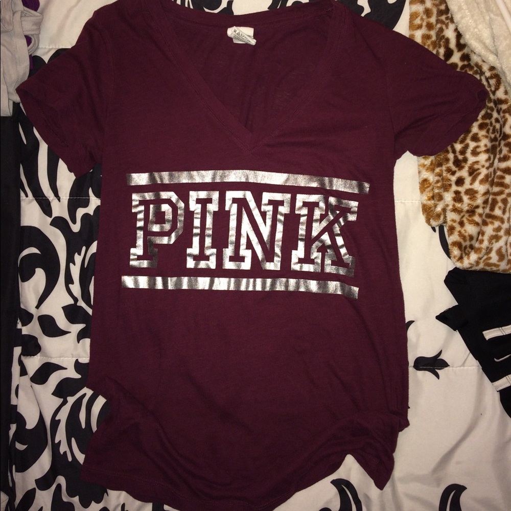 VS PINK Maroon V-Neck Tee