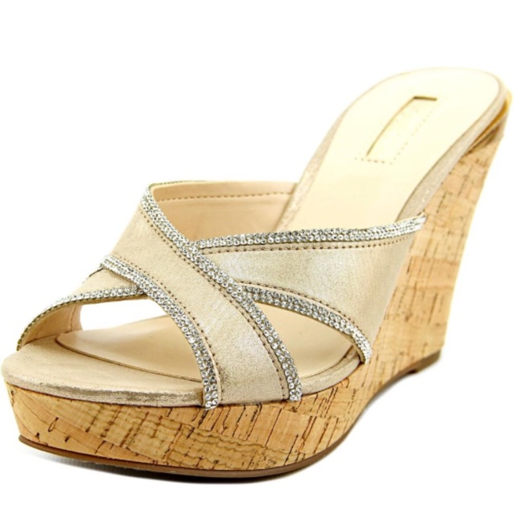 GUESS Gold Sparkle Open-Toed Cork Wedges