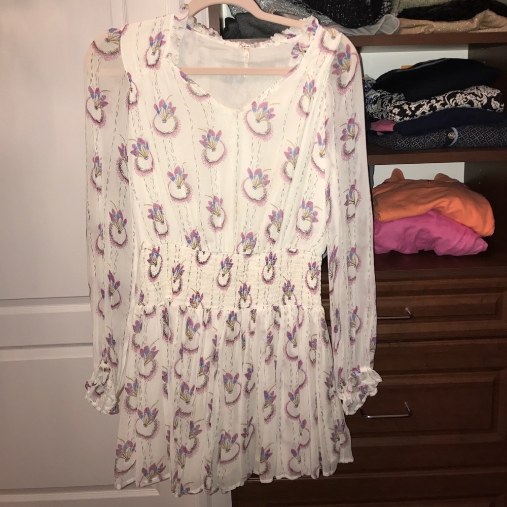 FREE PEOPLE Ivory and Purple Peacock Feather Dress