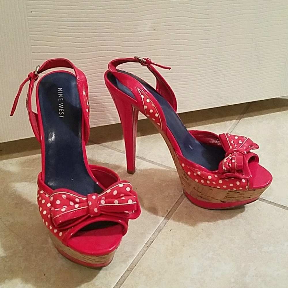 Nine West Red and white polka dot sling back heels